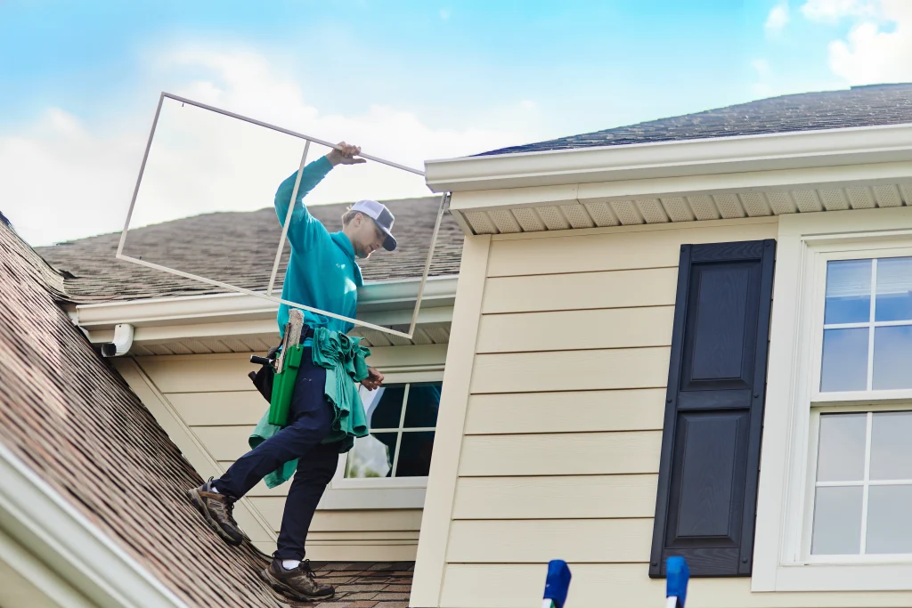 Professional window cleaner in Chester County PA carrying a window pane and cleaning tools while working on a residential roof